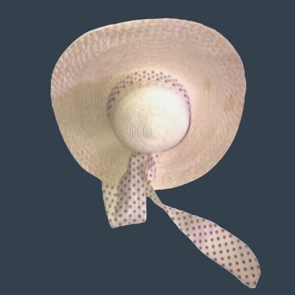 Paper Straw Hat Floppy Wide Brim Color Beige W/ Beautiful Polka Dotted Ribbon - Picture 3 of 6